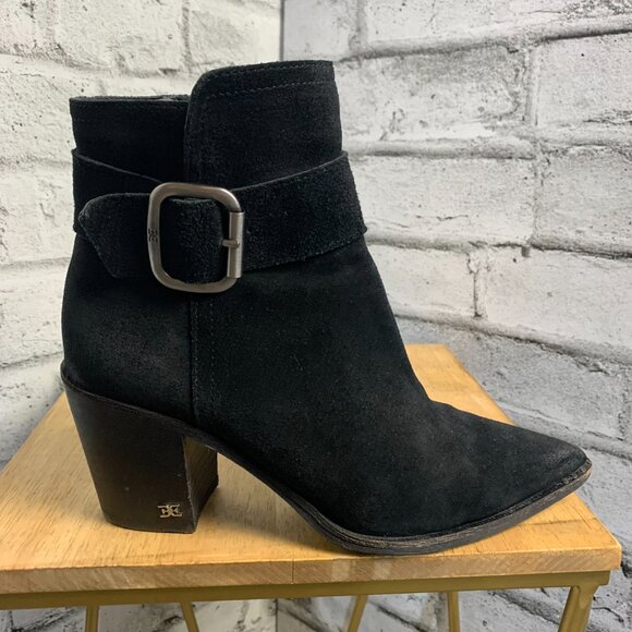 Sam Edelman Ankle Boots Women's 7 Leonia Black Suede Pointy Toe Side Zip Bootie - Picture 4 of 16
